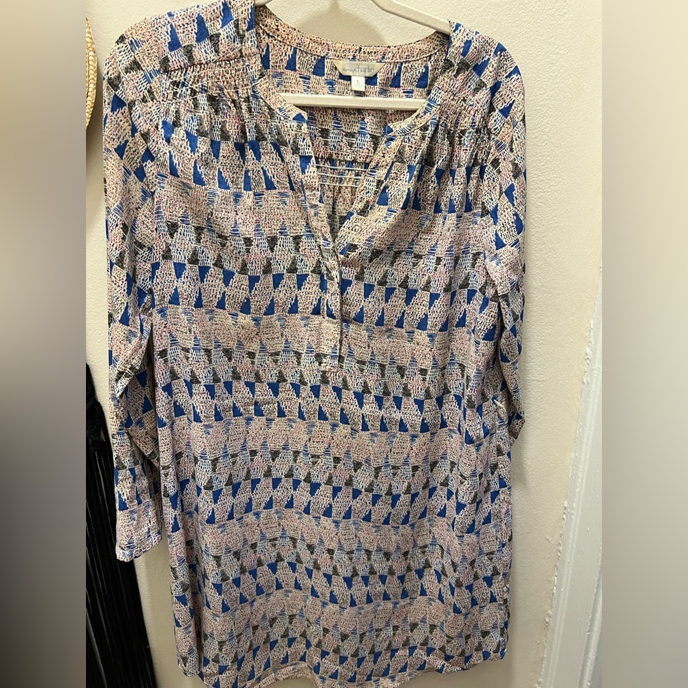 Pink, blue, and white Aztec button down shift dress.  100% polyester material